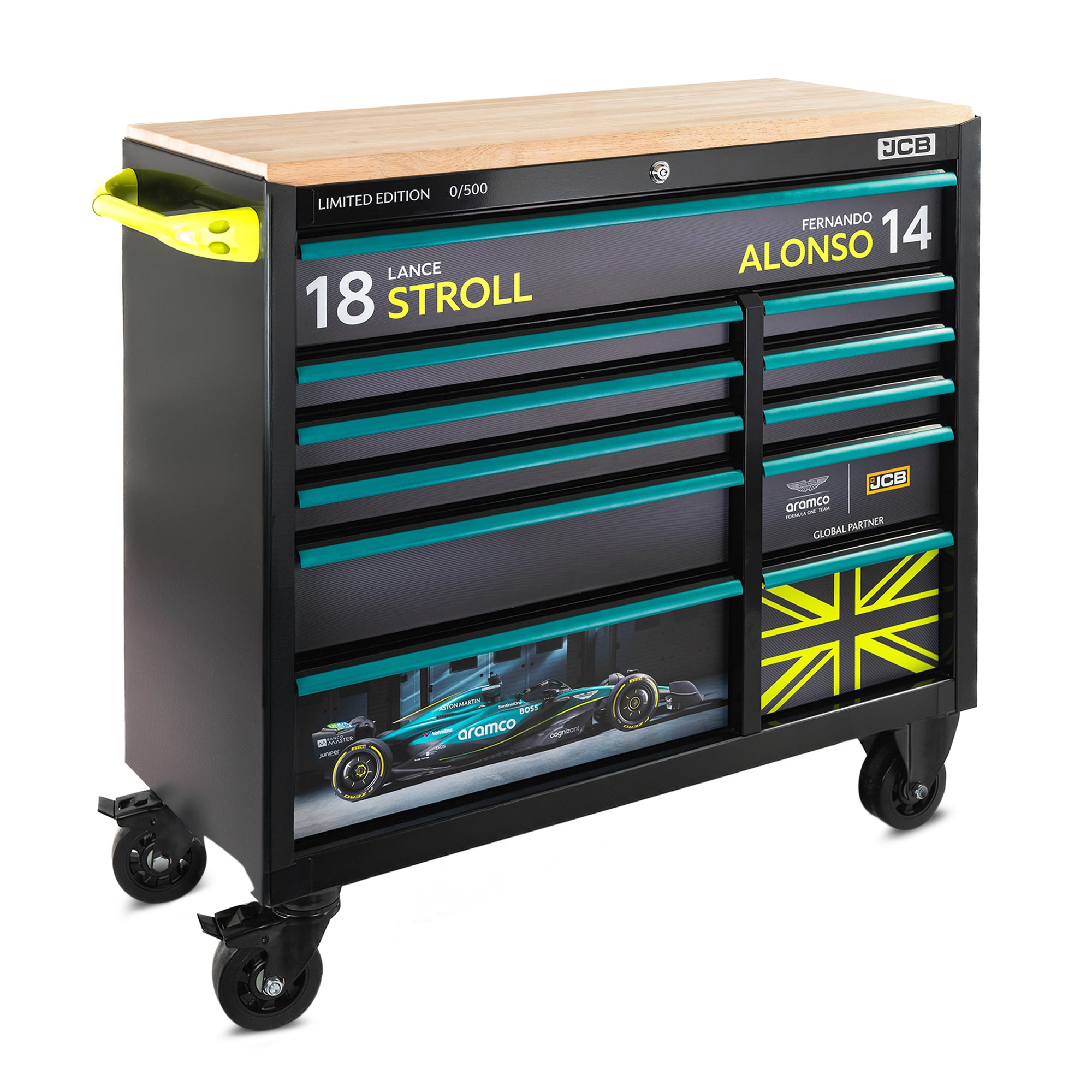 Aston Martin Formula One Team x JCB Steel 11-Drawer Roller Tool Cabinet with Hardwood Worktop