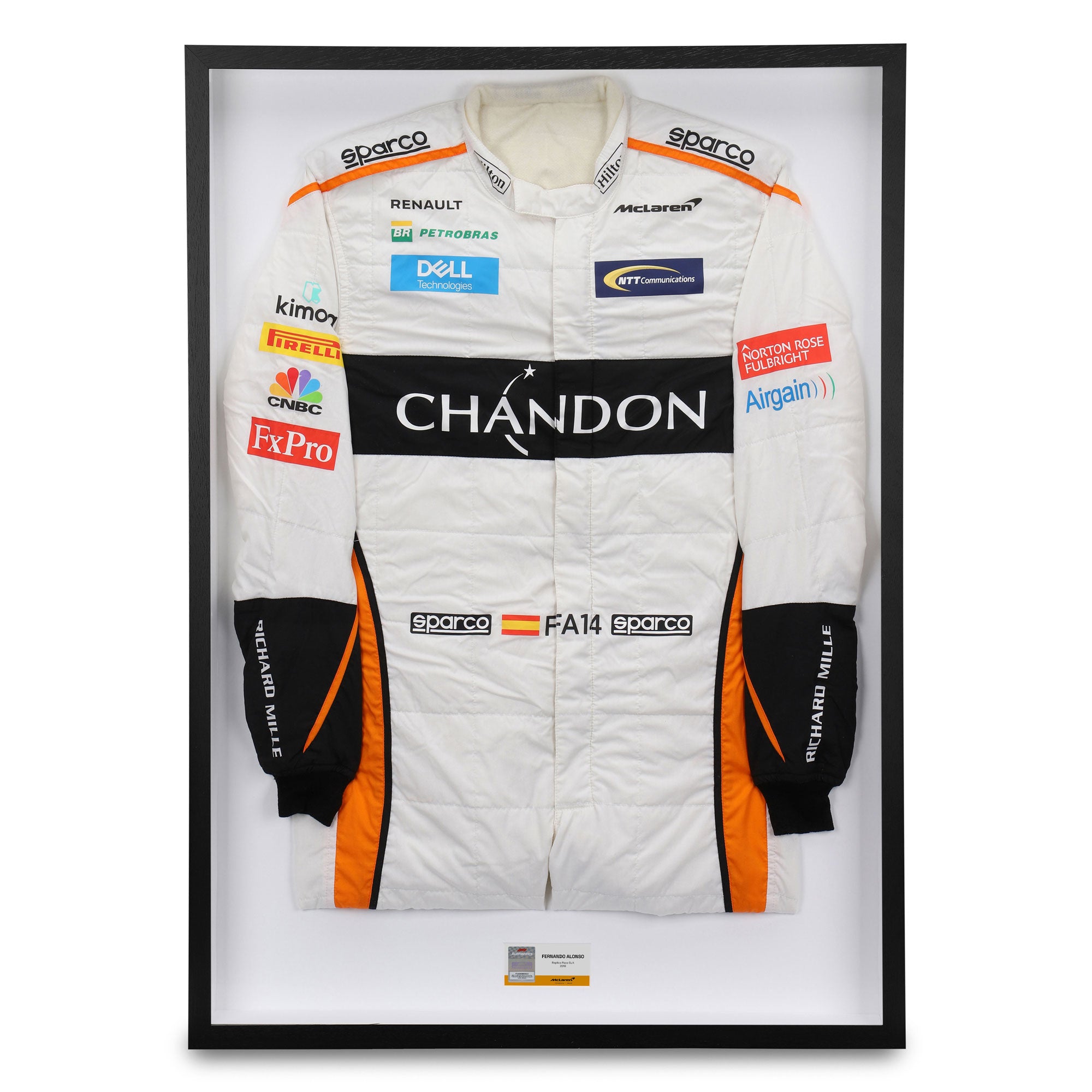 Fernando Alonso 2018 Replica McLaren F1 Team Race Suit with Chandon Letter Branding