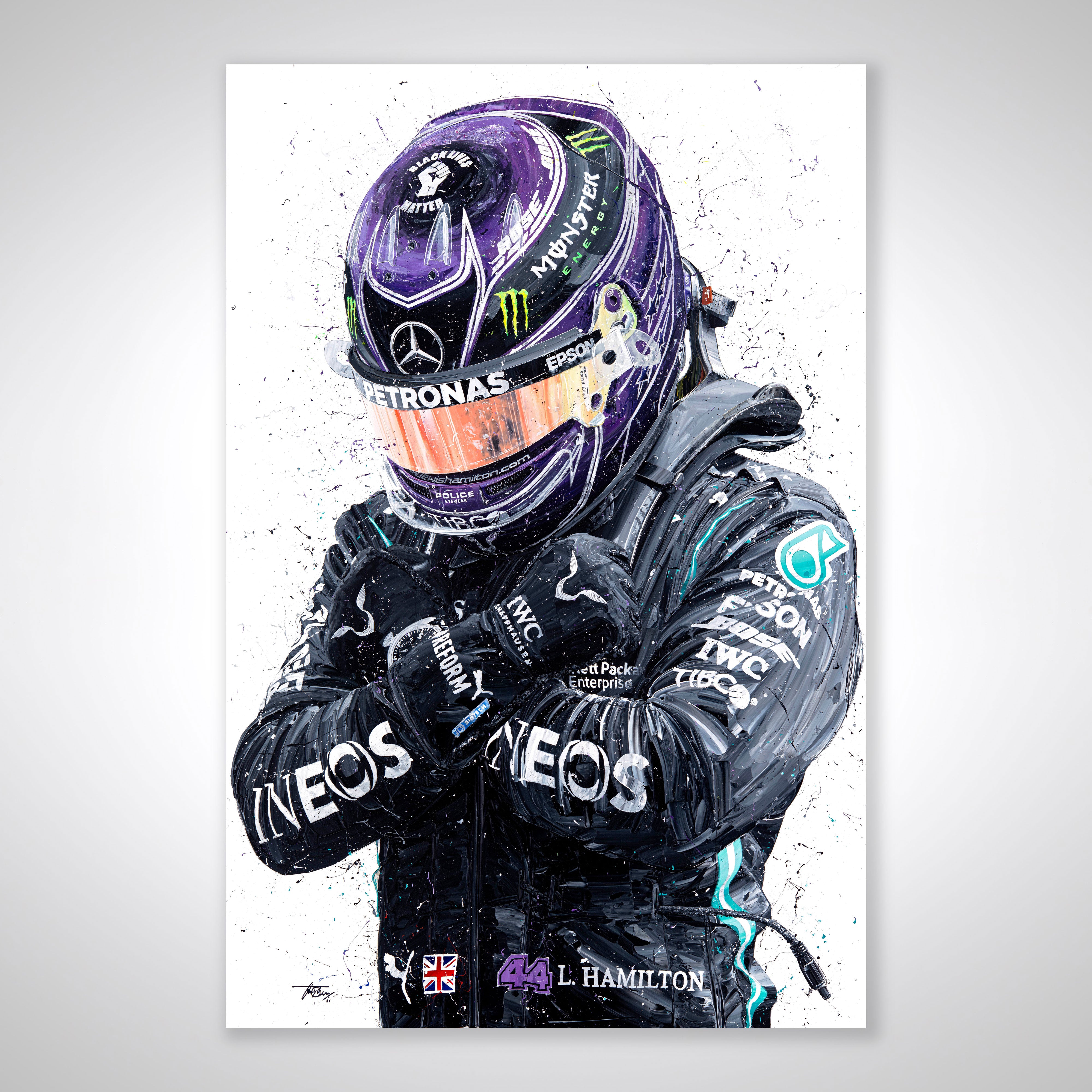 Lewis Hamilton in his Mercedes F1 Team Suit, Holding His Helmet, and  Wearing a Black Lives Matter Mask -Transparent Background | GPBox